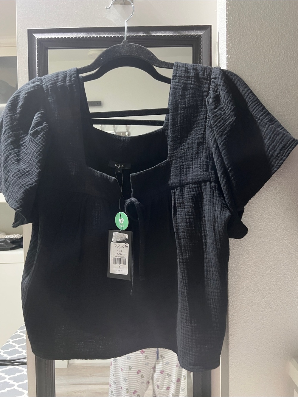 Rails Black Textured Square-Neck Tie-Front Blouse, Small (loose fit)new with tag
